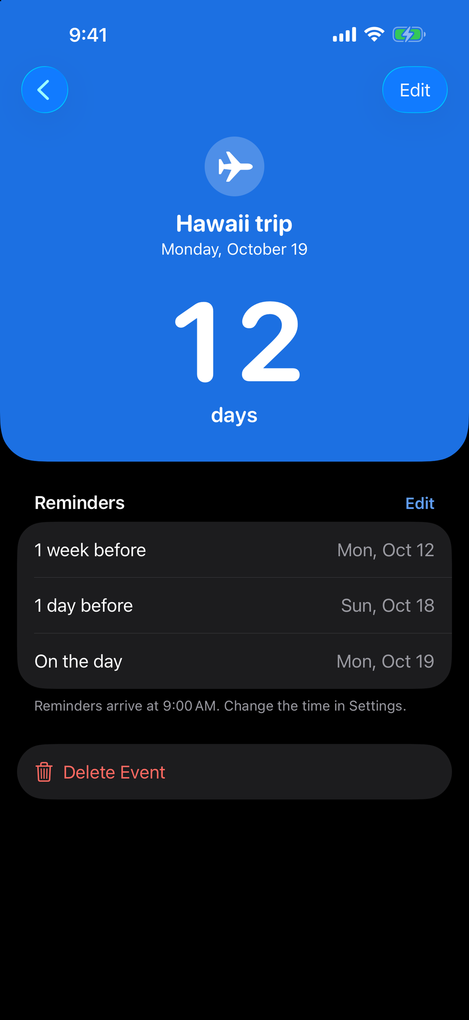 An event's detail screen: its icon, name and date, 12 days in very large type, and its three reminders.