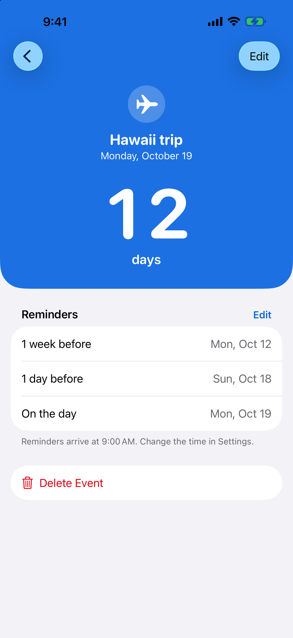 An event's detail screen: its icon, name and date, 12 days in very large type, and its three reminders.
