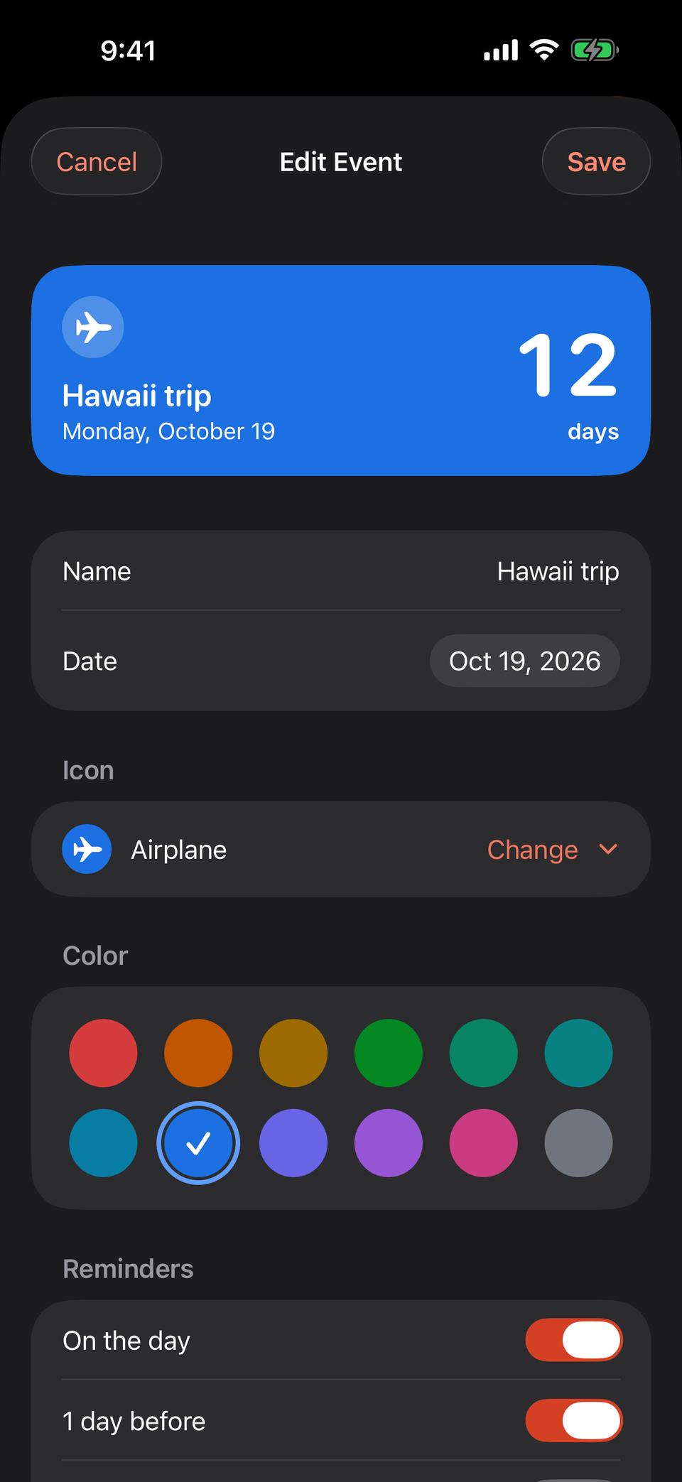 The editor: a live preview card, then the event's name, date, icon, twelve color swatches and reminder switches.