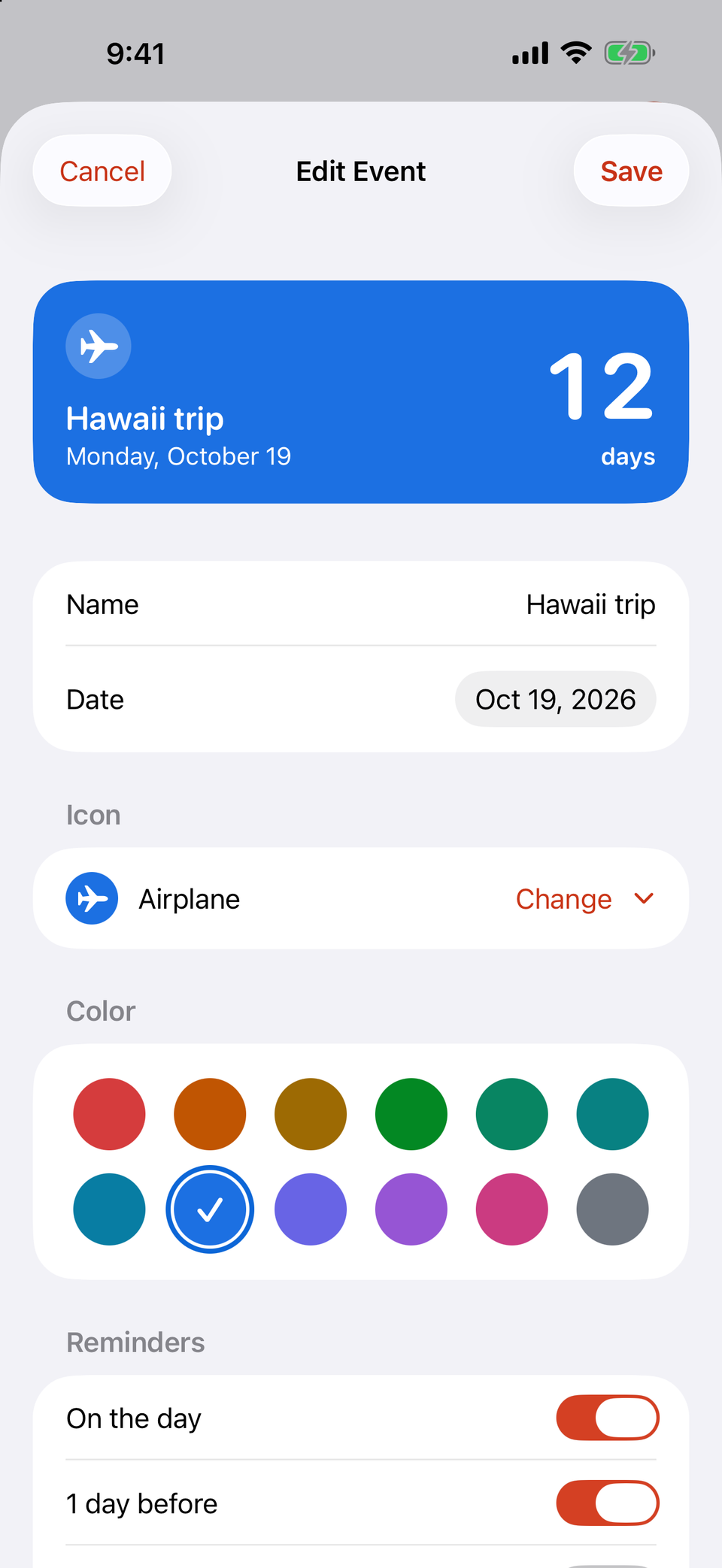 The editor: a live preview card, then the event's name, date, icon, twelve color swatches and reminder switches.