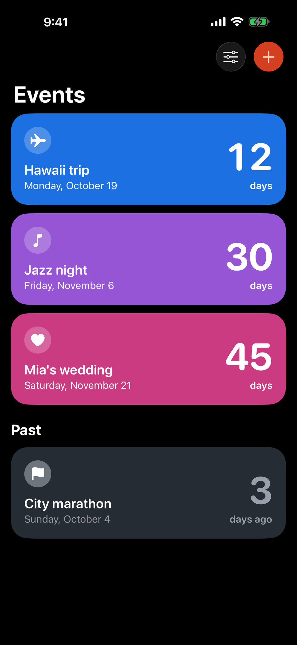 The Events screen: three upcoming events as colored cards, each with a large day count, and one past event.
