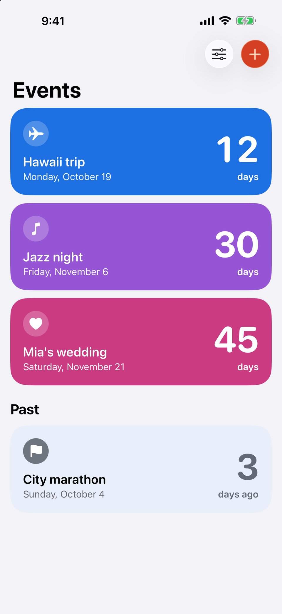 The Events screen: three upcoming events as colored cards, each with a large day count, and one past event.
